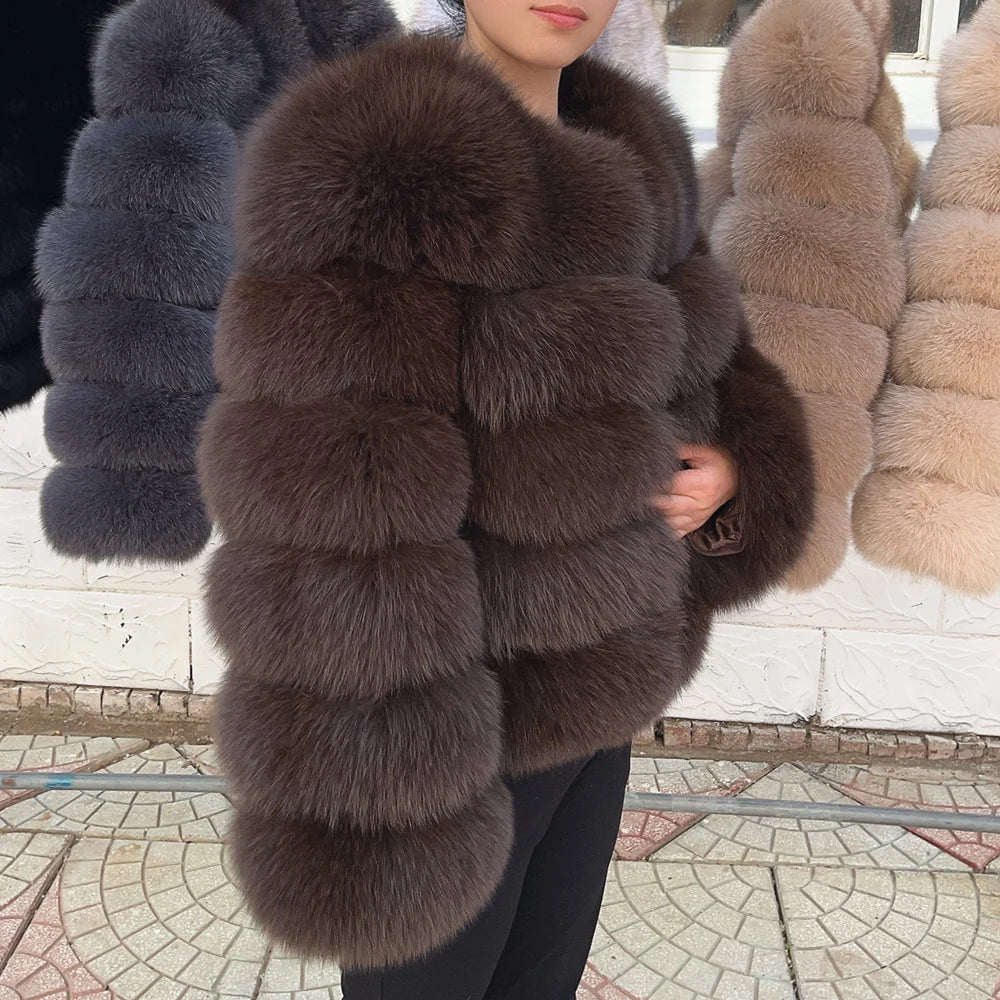 QUEENTINA Women’s Real Fox Fur Coat – Brown Leather & Skin Winter Fashion Outerwear 2025