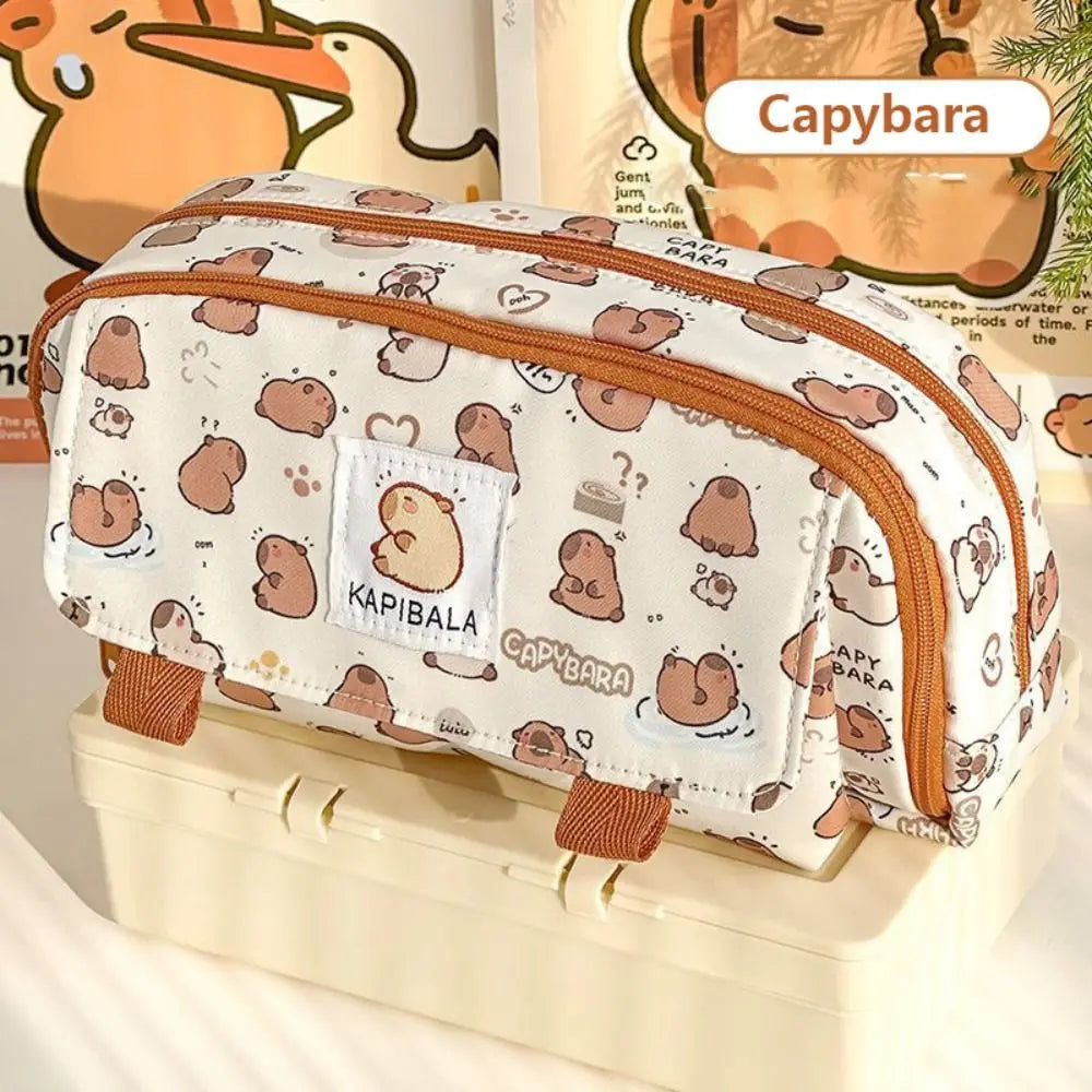 INS Capybara Four-Layer Large Capacity Pen Bag - Cute Cartoon Pencil Case, Stationery Organizer & Storage Bag for Students, Perfect Gift