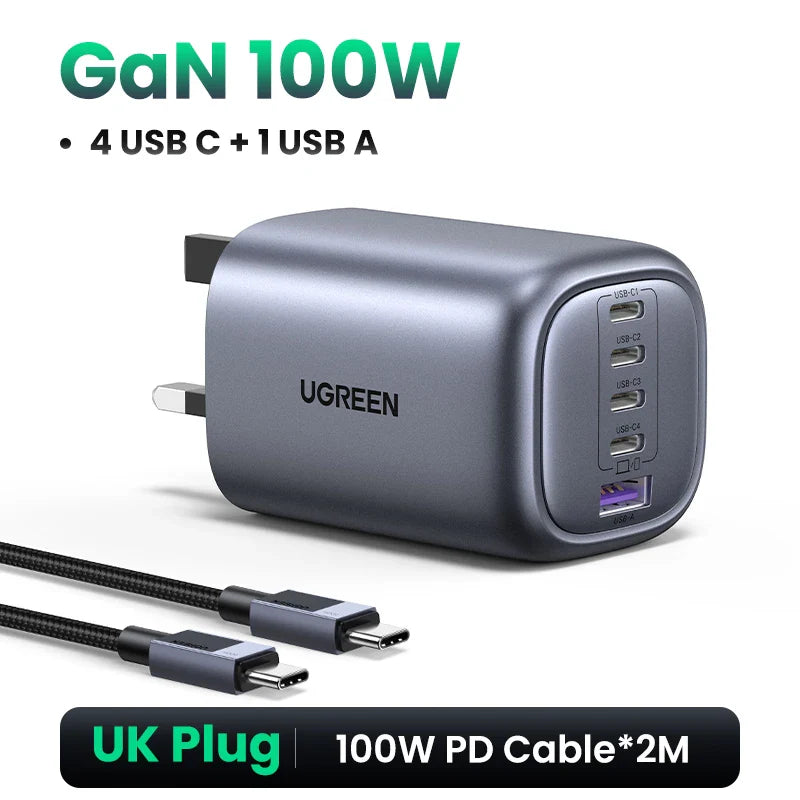UGREEN 100W GaN 5-Port USB-C Charger – Fast Charger QC4.0/3.0 PPS for MacBook, Laptop, iPhone 16/15/14 Pro, Tablet