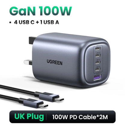 UGREEN 100W GaN 5-Port USB-C Charger – Fast Charger QC4.0/3.0 PPS for MacBook, Laptop, iPhone 16/15/14 Pro, Tablet