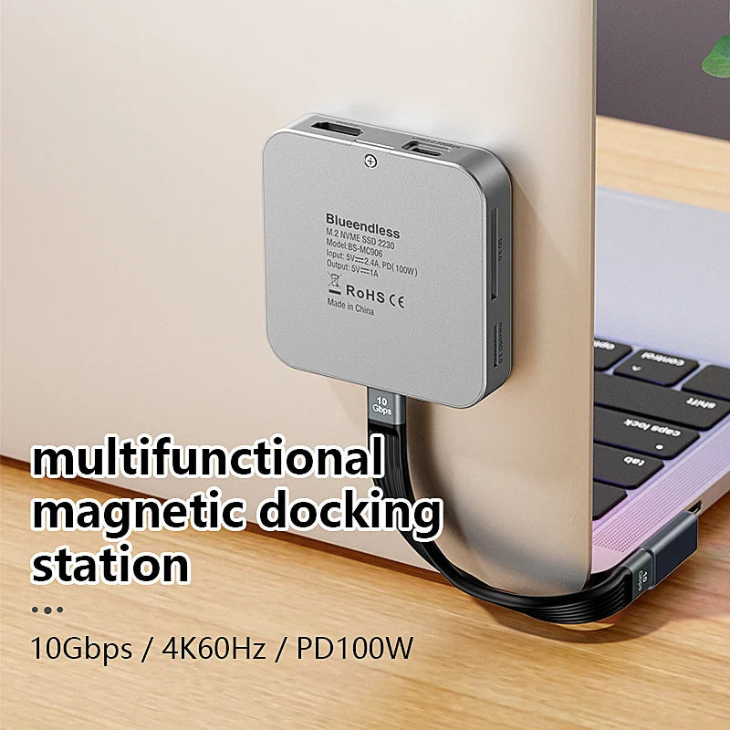 Blueendless 8-in-1 M.2 NVMe SSD Docking Station – USB 3.1 10Gbps, 100W PD, 4K60Hz HDTV Magnetic M.2 SSD Enclosure