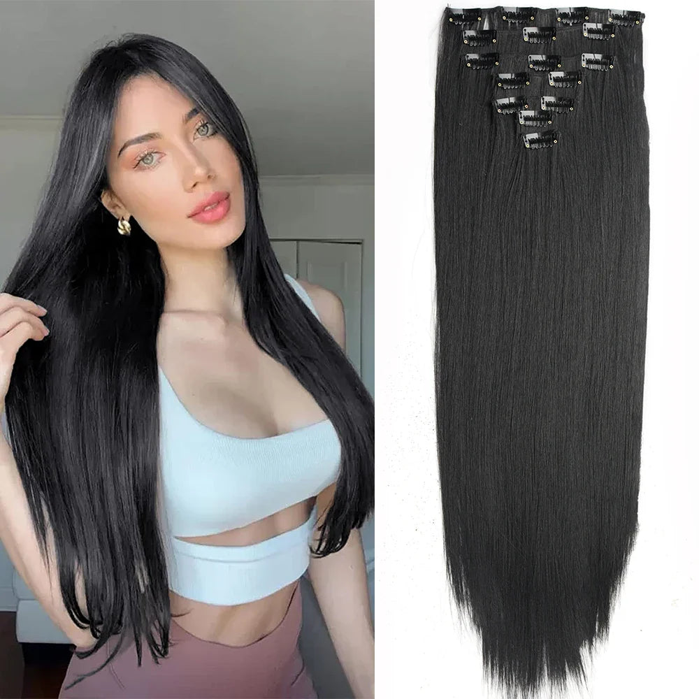 Women’s 7Pcs Hair Extensions with 16 Clips – Natural Black Straight Ombre Hairpiece