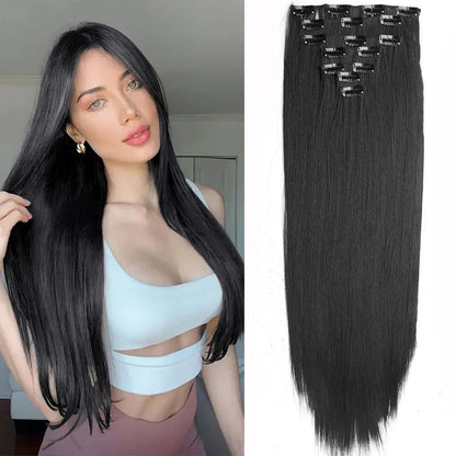 Women’s 7Pcs Hair Extensions with 16 Clips – Natural Black Straight Ombre Hairpiece