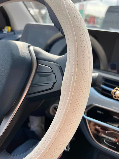 Napa Leather Perforated Patchwork Steering Wheel Cover - Non-slip & Breathable, Universal 15 Inch (38cm)