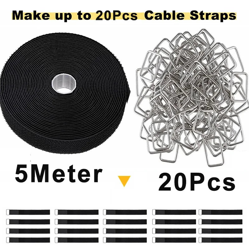 5M Hook & Loop Cable Straps with 20 Buckles – Adjustable Cut-to-Length Nylon Cinch Straps for Cable Organization