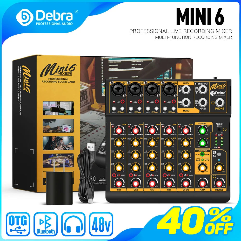 Debra Mini6 6-Channel Metal Audio Mixer Interface with Bluetooth & Delay Repeat Effect – OTG Sound Mixing Console for PC Recording