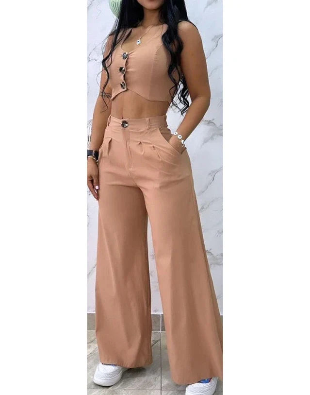 Women’s 2024 Summer Two-Piece Set – Sexy Buttoned Crop Vest & High Waist Wide Leg Pants, Casual Elegant Outfit