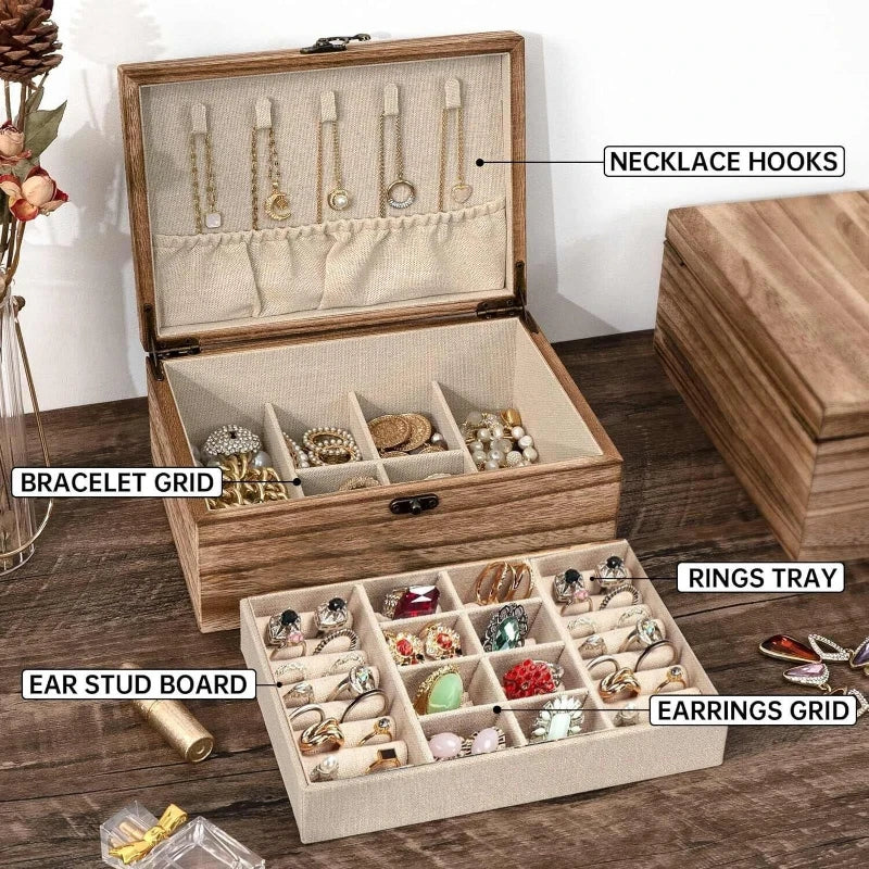Vintage Solid Wood Jewelry Box – Two-Layer Necklace & Earring Display with Mirror