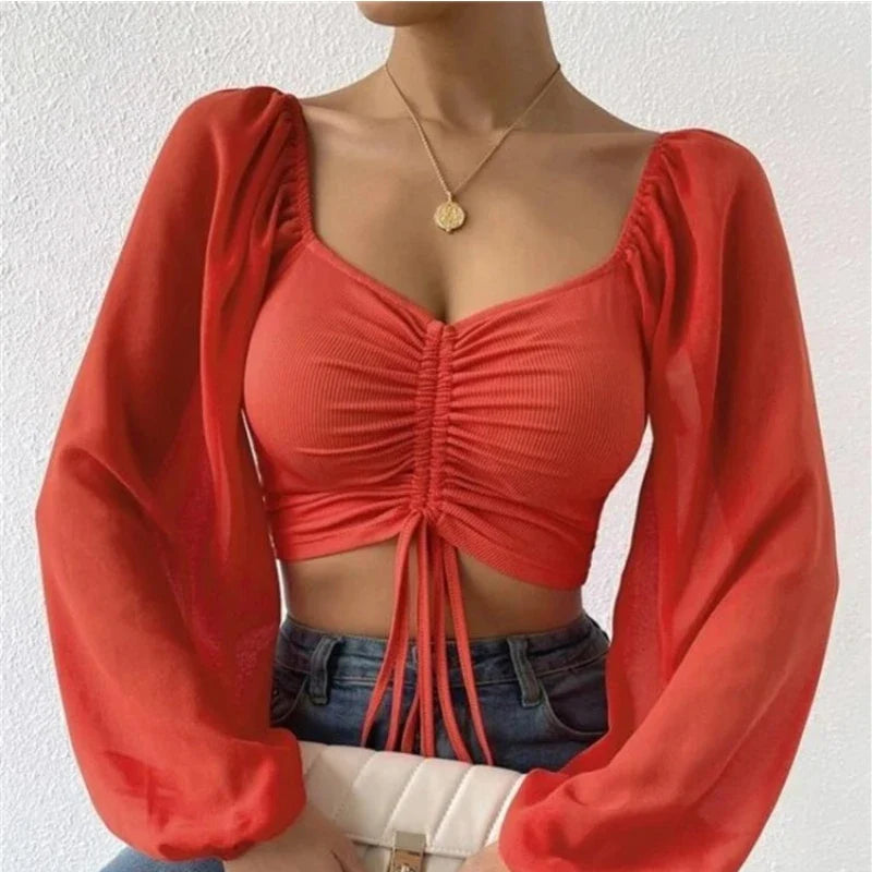 ALLUKASA Sexy Mesh Lantern Sleeves T-Shirt – Drawstring Wrap Chest & Bare Midriff, Women's Long Sleeve Bottoming Top