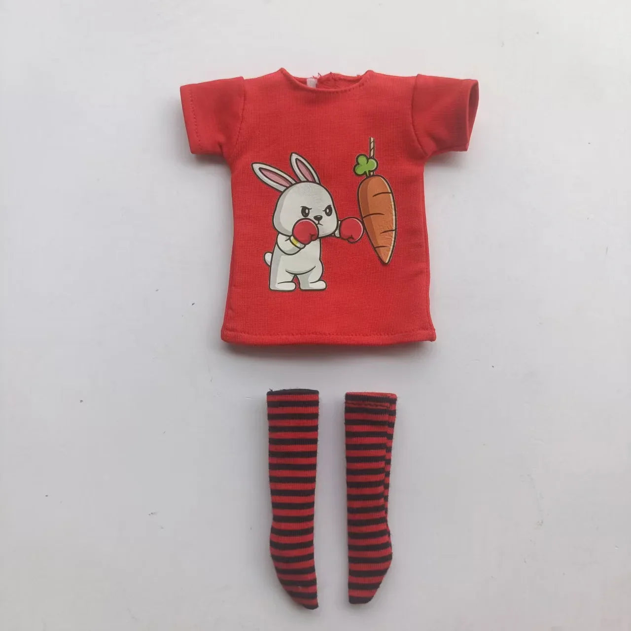 Handmade OB24 1/6 Blyth Doll Clothes – Cartoon T-Shirt with Striped Socks for 1/6 Doll Accessories