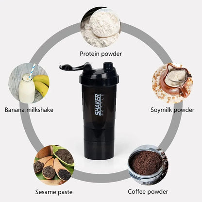 3-Layer Shaker Protein Bottle: Powder Shake Cup for Body Building, Exercise, and Hydration - Plastic Mixing Cup