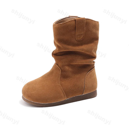 Children’s Leather Cowboy Boots – Girls Retro 2025 Autumn/Winter Warm Outdoor Anti-Slip Short Flats