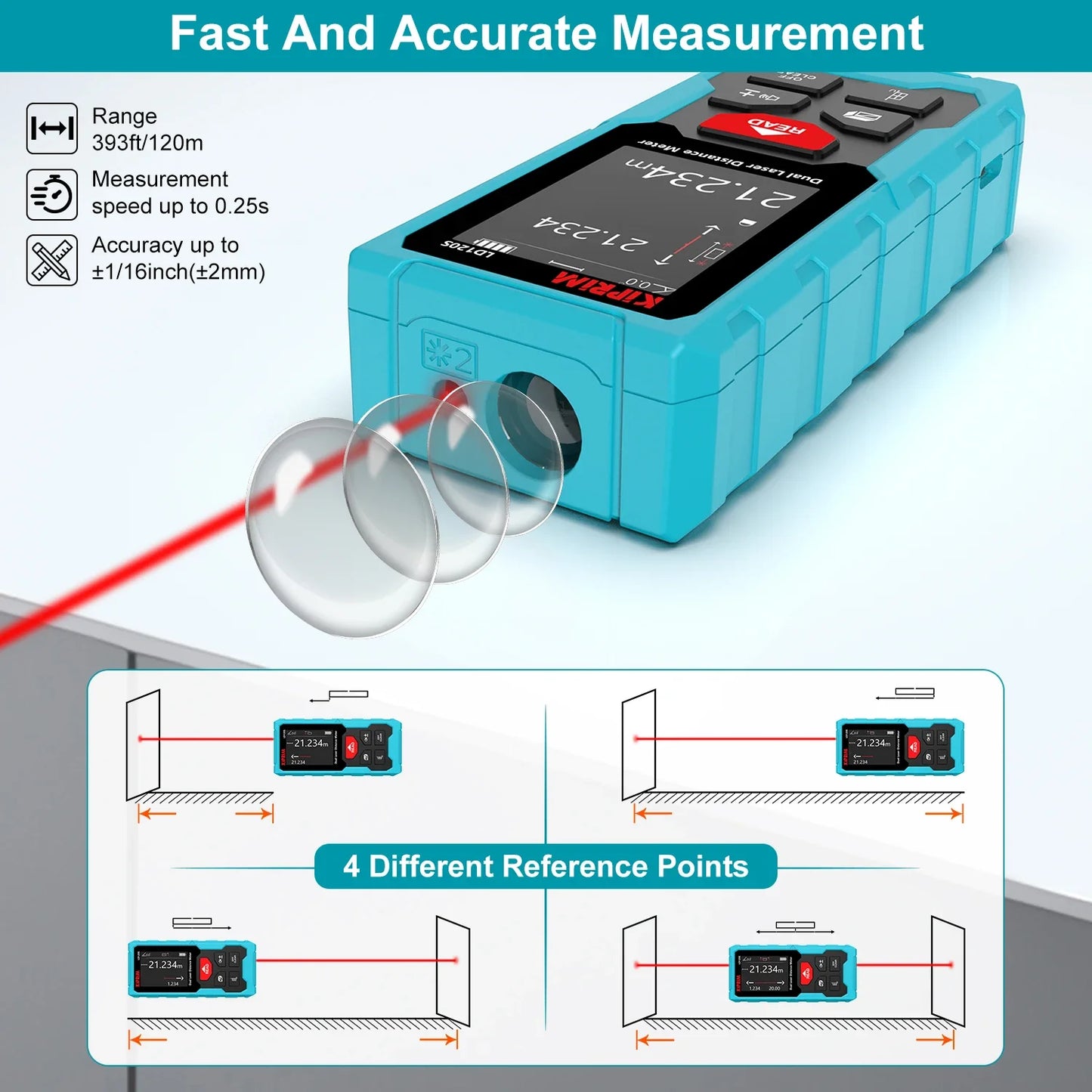Kiprim Dual Laser Distance Meter, Rechargeable 120m Bilateral Laser Rangefinder, Digital Tape Measure with Angle Measurement Tool