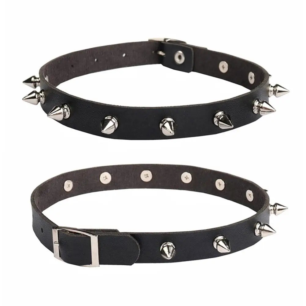 Black PU Leather Spike Choker Necklace – Studded Punk Gothic Biker Collar for Women & Men