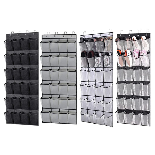 24-Pocket Clear-View Hanging Shoe Organizer with 4 Metal Hooks — Over-the-Door Wall Storage Bag