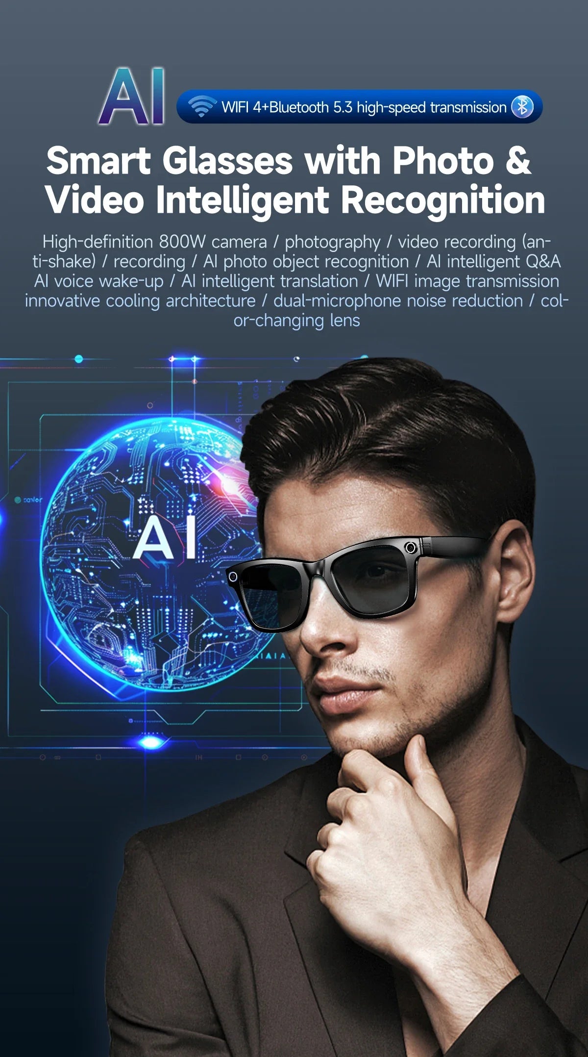 LIGE AI Smart Glasses — 8MP Camera, Video Recording, 100+ Languages Translation, Bluetooth Call & Music for Men & Women