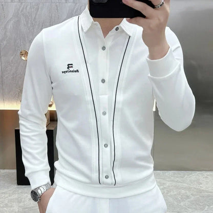 Men’s Business Casual Long Sleeve T-Shirt — Spring & Autumn Streetwear, Fake Two-Piece Fashion Top for Office & Social Wear