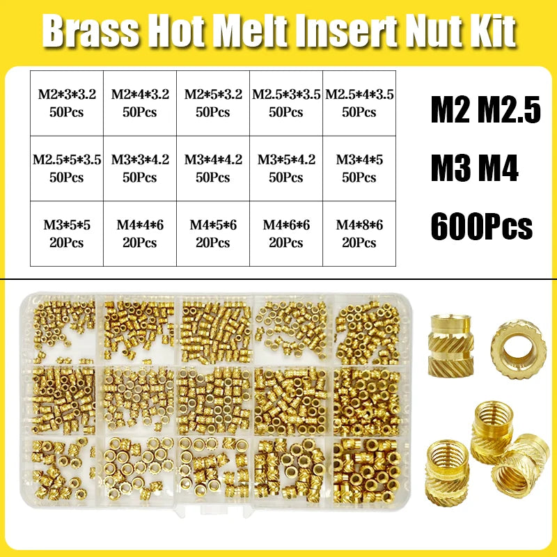 Brass Threaded Insert Nut Kit M2–M8 – Heat Set Knurled Copper Nuts for 3D Printing & Plastic Injection