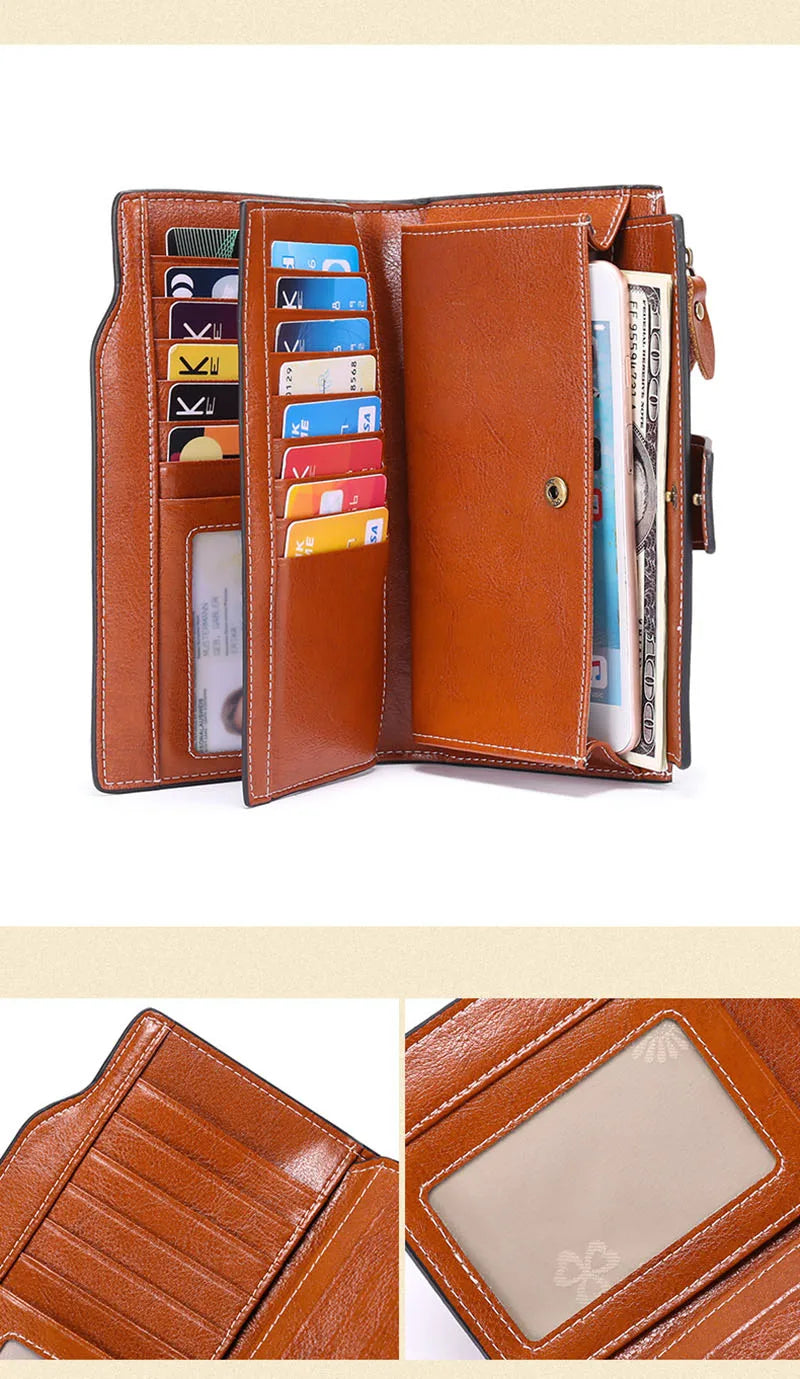 2024 New RFID Long Women’s Wallet — Genuine Leather Clutch with Zipper Coin Pocket, Card Holder & Printed Design