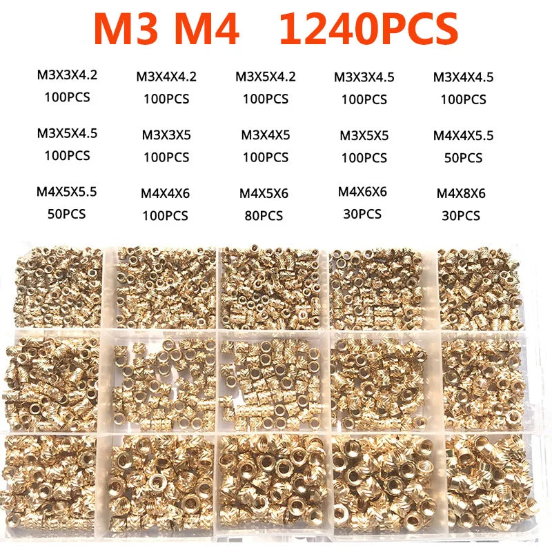 Brass Insert Nut Set M2–M6 – Knurled Hot Melt Threaded Copper Nuts for 3D Printing & Injection Molding