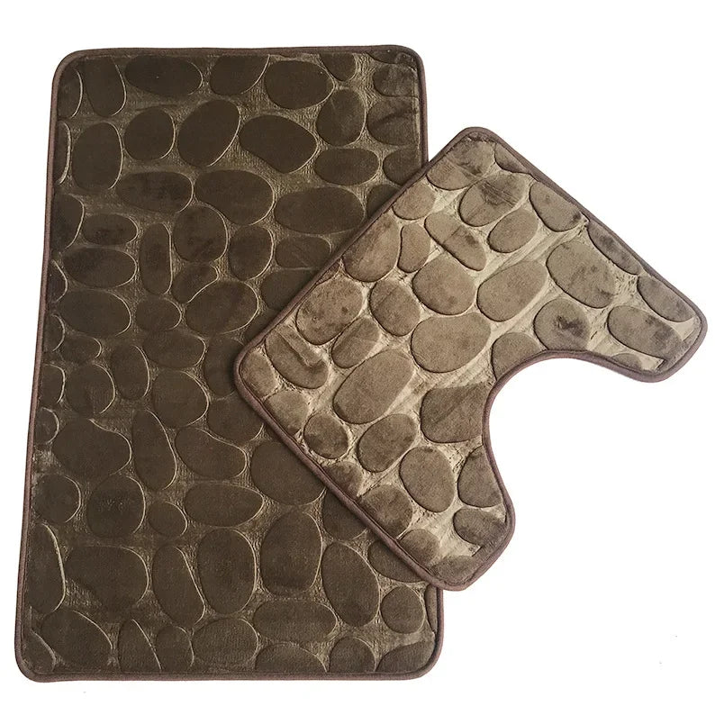 2PC Set Funnel Cobblestone Anti-Slip Bathroom Mat - Toilet Rug, New Bath Mat Set