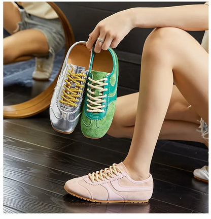 MORAZORA 2025 Women’s Split Leather Sneakers – Lace-Up Fashion Casual Flats in Beige & Pink
