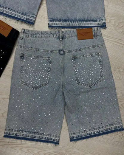 Streetwear Vintage Rhinestone Denim Shorts – Y2K Washed Baggy Casual Over-the-Knee Shorts for Men & Women