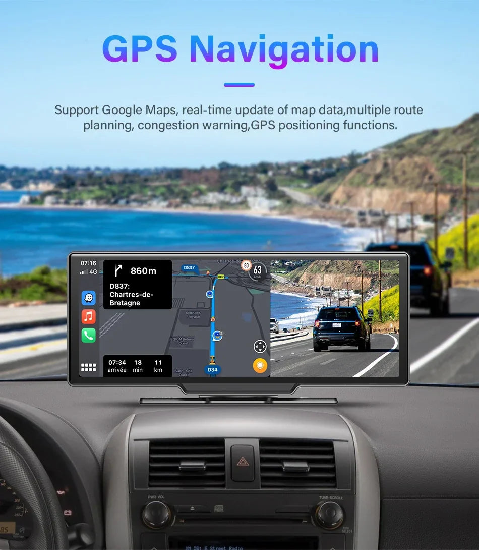 Srnubi 10.26 Inch Dash Cam Rearview Mirror - CarPlay & Android Auto DVR with GPS Navigation, Video Dashboard Monitor