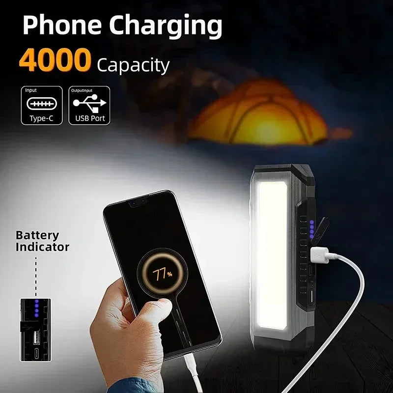 COB LED Work Light - USB Rechargeable Flashlight with Power Bank, Magnetic Waterproof Camping Lantern, 4000mAh