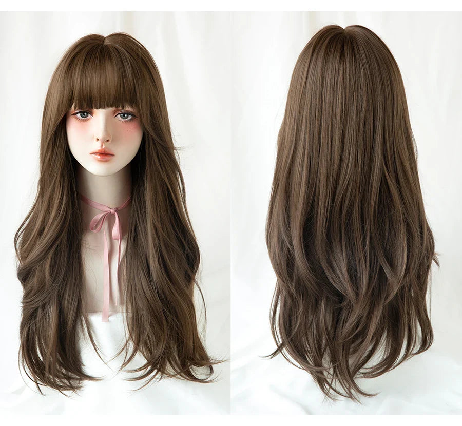 7JHH Brown Ash Long Deep Wave Lolita Wig for Women — Synthetic Hair with Bangs, Thick Curly Fashion Wig