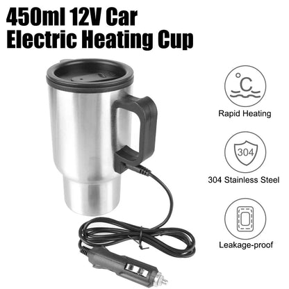 12V Electric Heating Car Kettle - 450ml Stainless Steel Thermal Mug for Water, Coffee, Milk - Travel & Camping