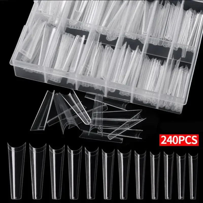 240 Clear Nail Tips – Coffin Shape Fake Toenail and Acrylic Nails, Half Cover Artificial Nail Set with Storage Box