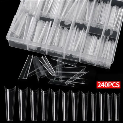 240 Clear Nail Tips – Coffin Shape Fake Toenail and Acrylic Nails, Half Cover Artificial Nail Set with Storage Box