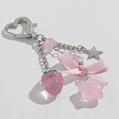 Cute Strawberry Bow Keychain - Y2K Pink Star Flower Tassel Heart Phone Charm Pendant for Women & Girls