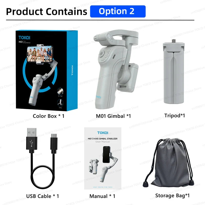 TOKQI M01 3-Axis Handheld Gimbal Stabilizer – Anti-Shake Foldable Holder, Selfie Tripod with Fill Light for iPhone & Smartphones