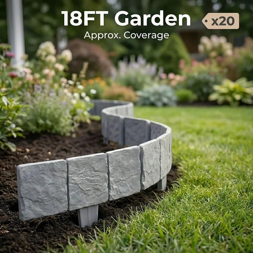 Stone-Look Garden Edging - No-Dig Landscape Border Panels for Flower Beds, Lawns & Pathways