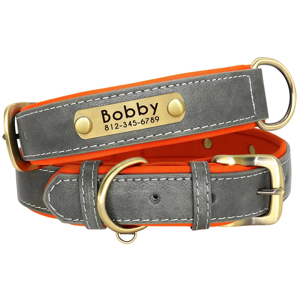 Customized Leather Dog Collar & Leash Set – Soft Padded Adjustable Collar for Small, Medium & Large Dogs with Engraved Nameplate
