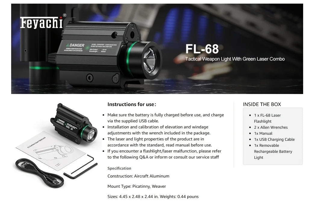 Feyachi Green/Red Laser Light Combo — 1000 Lumen LED Weapon Flashlight with Picatinny Rail Mount for Pistol & Rifle, Rechargeable