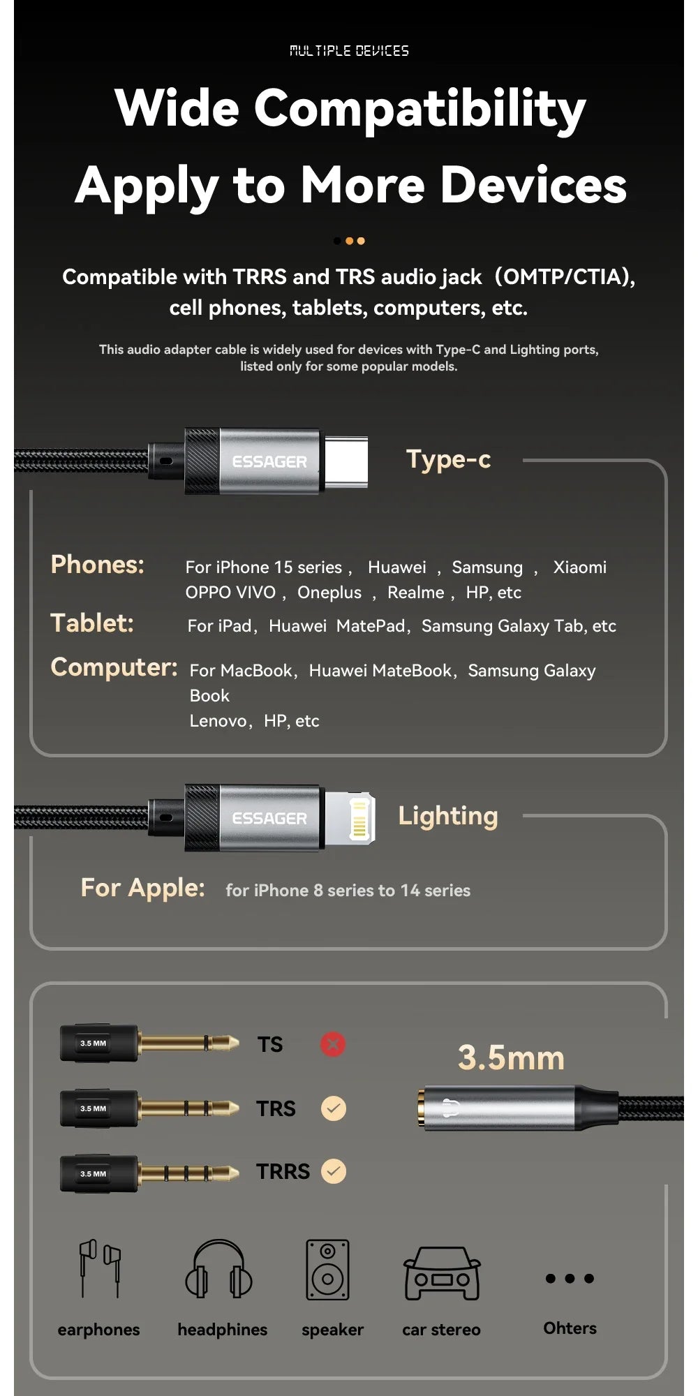 Essager 2-in-1 Audio Adapter – Lightning & USB-C to 3.5mm Jack for iPhone, Xiaomi, OnePlus, OTG Aux Cable