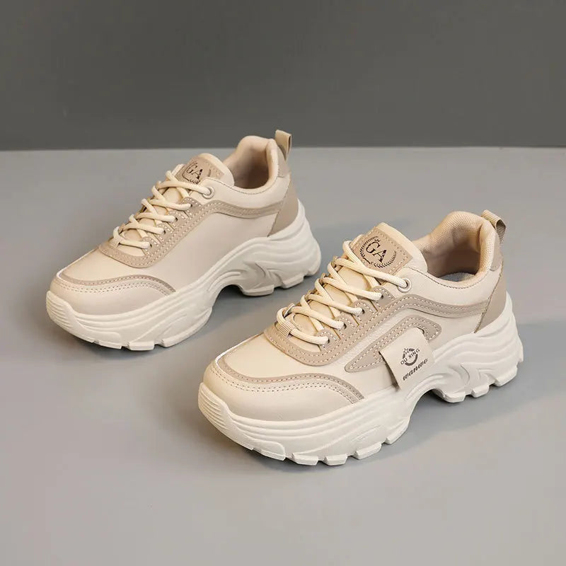 Women’s Leather Sneakers – Height-Increasing Lace-Up Platform Shoes, Casual Outdoor Vulcanized Designer Footwear