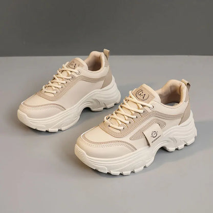 Women’s Leather Sneakers – Height-Increasing Lace-Up Platform Shoes, Casual Outdoor Vulcanized Designer Footwear