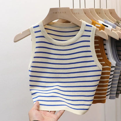 Women's Striped Sleeveless Tank Top — Knitted Crop Summer & Spring Casual Slim Fit Vest Camis