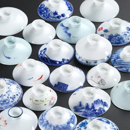 Ceramic Sancai Tea Bowl with Lid – Blue & White Porcelain Cover for Kungfu Tea Set Household Accessories