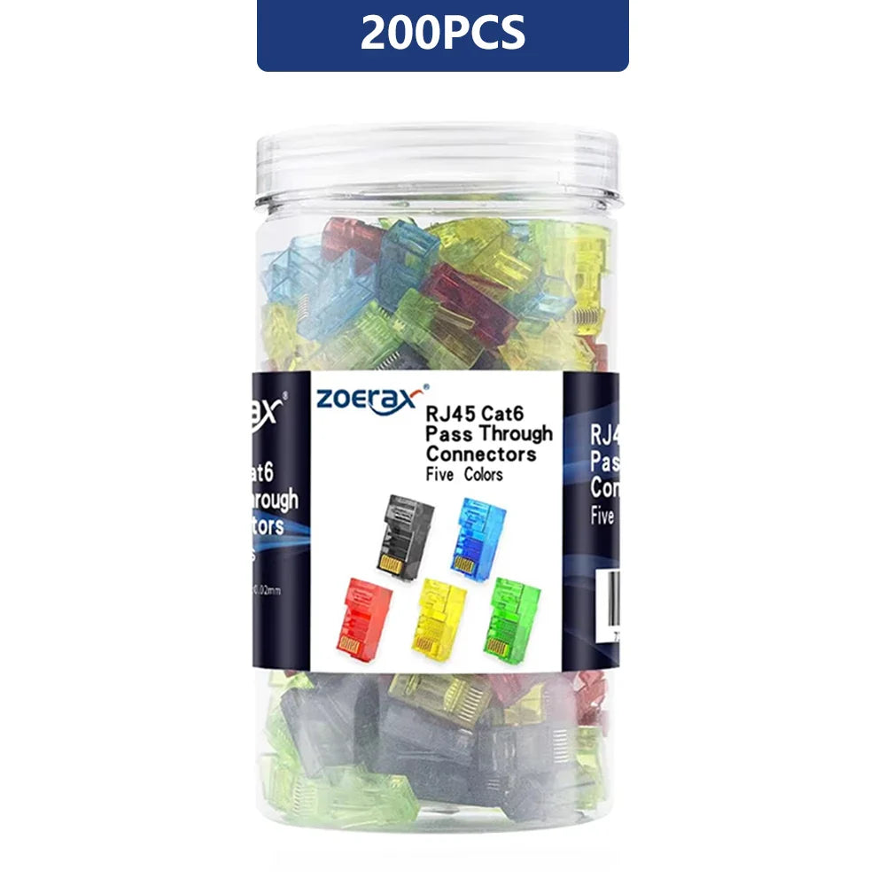 ZoeRax RJ45 Cat6 Pass-Through Connectors — 50/100/200PCS Modular Plugs 1.1mm | Solid & Stranded FTP/STP Cable