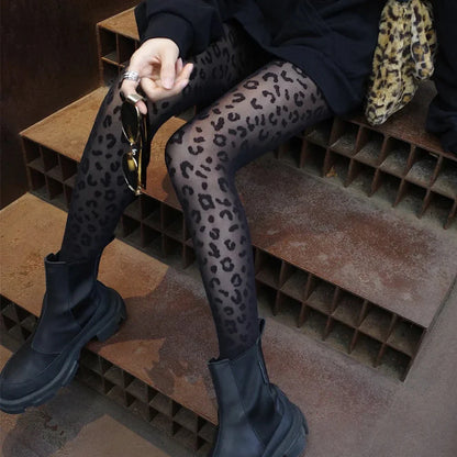 Women’s Sexy Sheer Pantyhose – Thin Transparent Gothic Black Leopard Pattern Tights, Seamless Vintage Stockings