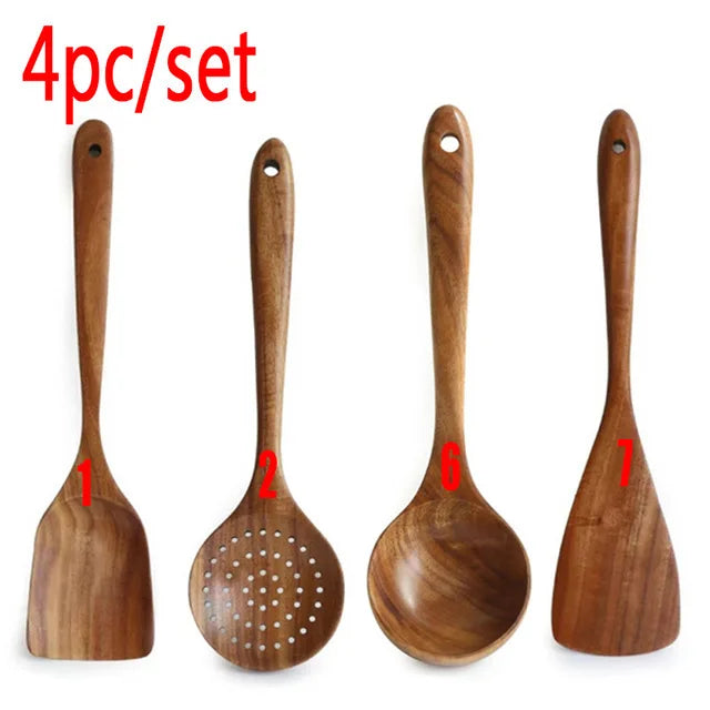 1–10PCS Teak Wooden Cooking Spoons – Smooth Non-Stick Wooden Utensils Set for Kitchen Cooking