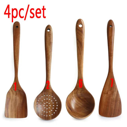 1–10PCS Teak Wooden Cooking Spoons – Smooth Non-Stick Wooden Utensils Set for Kitchen Cooking