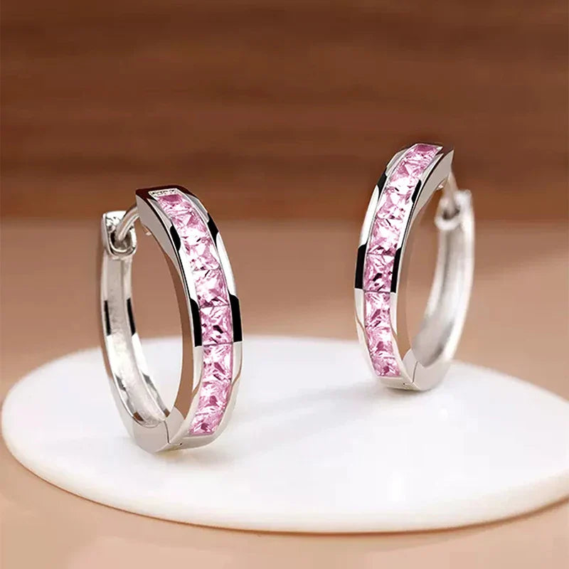 Huitan Classic Princess Square CZ Hoop Earrings for Women – Simple & Elegant Versatile Jewelry Accessories
