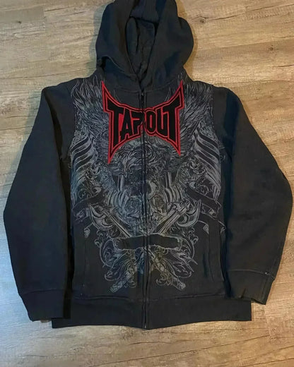 2000s Red Couple Zipper Hoodie – Vintage Y2K Skull Snake Cotton Full-Zip Sweatshirt