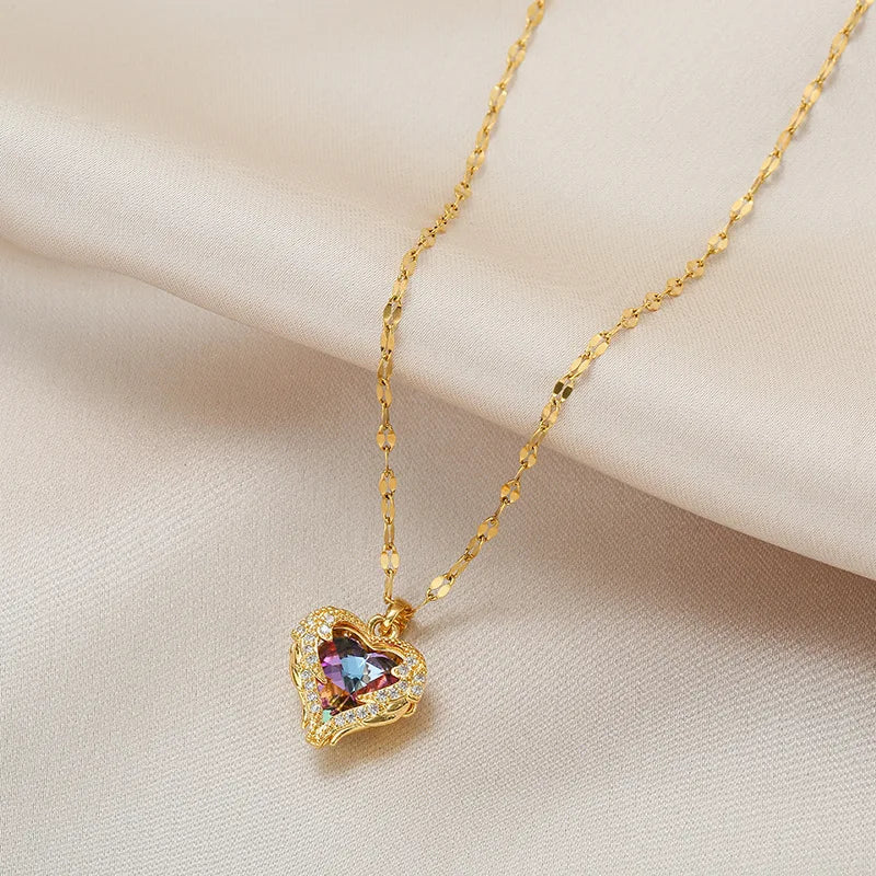 Top Luxury Colorful Crystal Ocean Heart Pendant Necklace – Trendy 316L Stainless Steel Jewelry for Women, Wedding Neck Chain